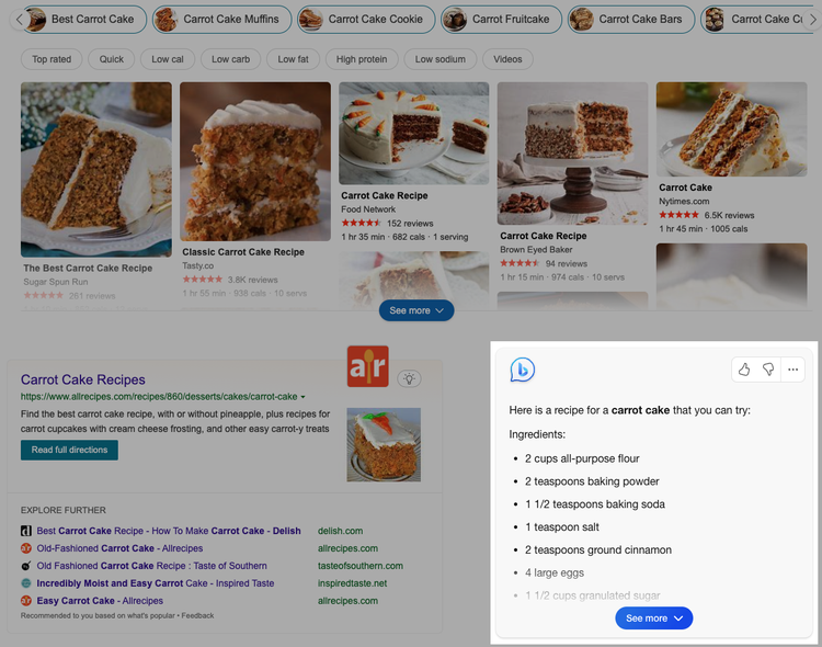 Un ejemplo de IA de Bing ofreciendo una receta de tarta de zanahoria
