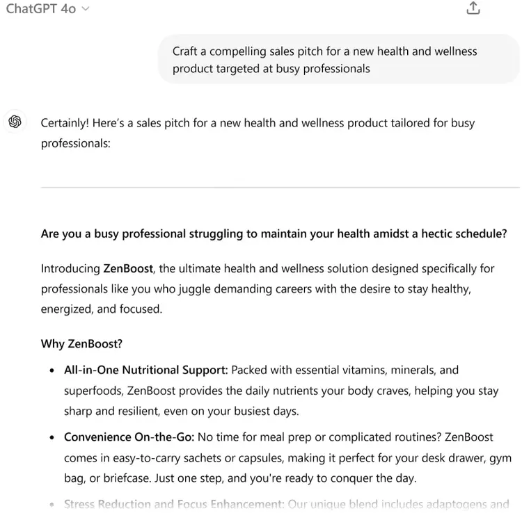 Respuesta de ChatGPT 4o a una solicitud para un discurso de ventas de un producto de salud y bienestar con detalles contextuales