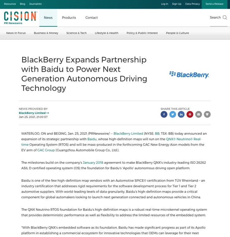 comunicado de prensa de blackberry
