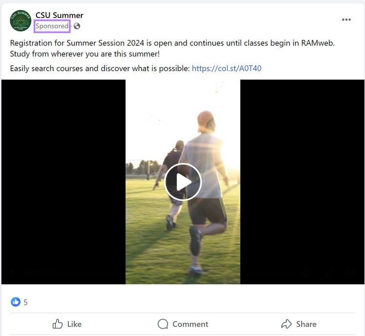 Anuncio de vídeo en Facebook de la Universidad Estatal de Colorado anunciando cursos de verano