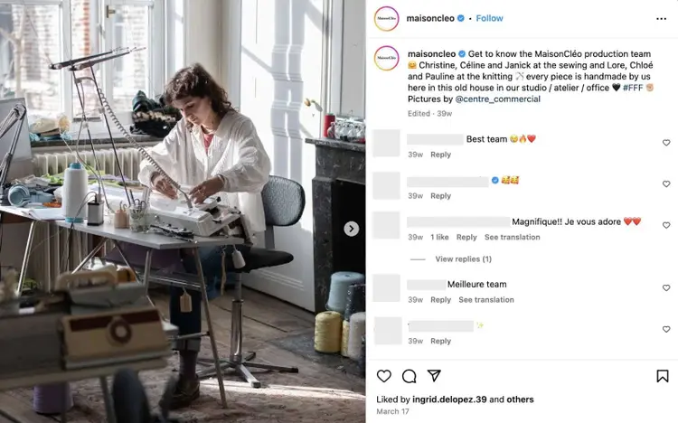 Publicación en Instagram de MaisonCléo sobre el proceso de producción entre bastidores