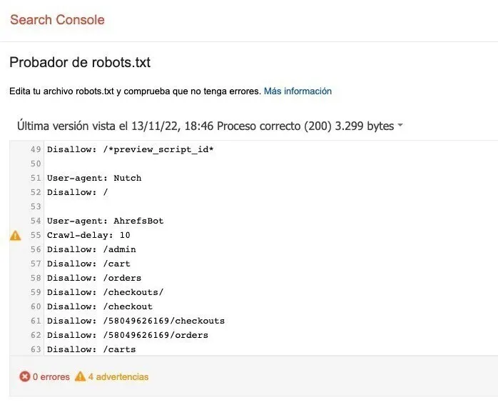 Probador robots.txt Search Console mostrando errores y advertencias