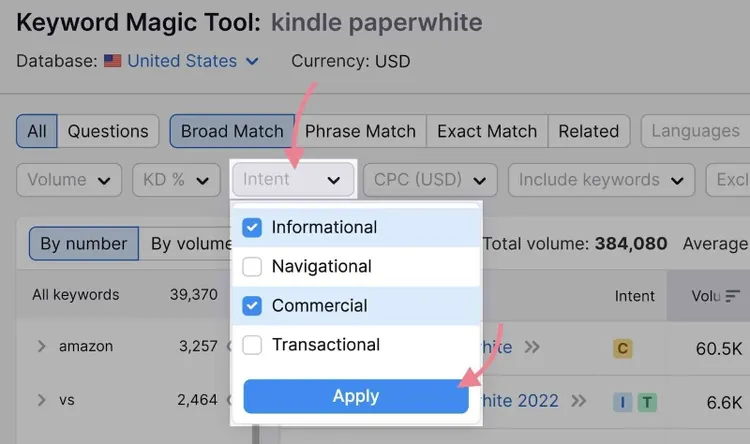 intent filer en Keyword Magic Tool