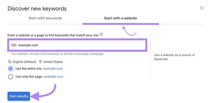 Ventana "Comenzar con un sitio web" del Planificador de palabras clave de Google con un dominio introducido y "Obtener resultados" pulsado.