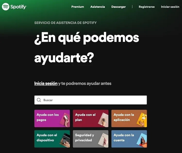 Página asistencia Spotify con categorías ayuda ilustradas