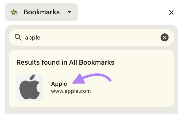 La barra de marcadores de Chrome muestra una búsqueda de "apple" y "apple.com" pulsada.