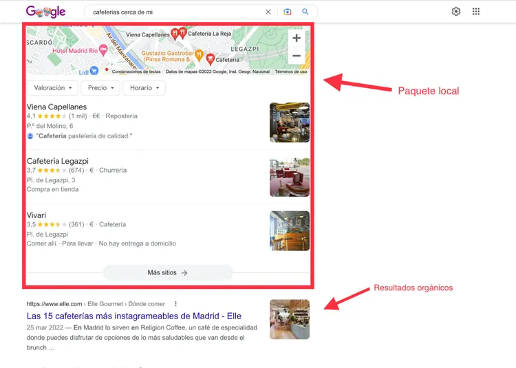 Google Search resultados destacando paquete local y resultados orgánicos
