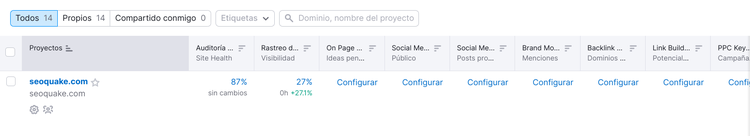 Panel proyectos con auditoría, rastreo posición y datos sociales de dominio