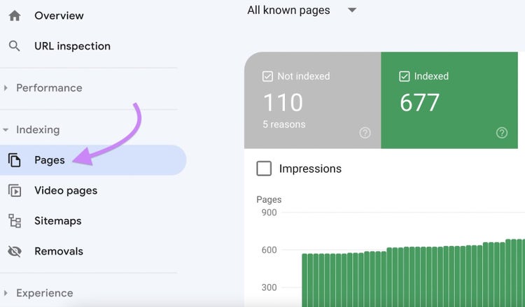 "Páginas" seleccionadas del menú de Google Search Console