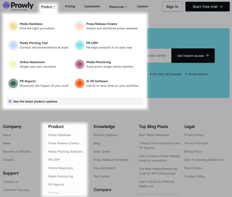 "Producto" menú de navegación o enlaces a pie de página destacados en el sitio web de Prowly