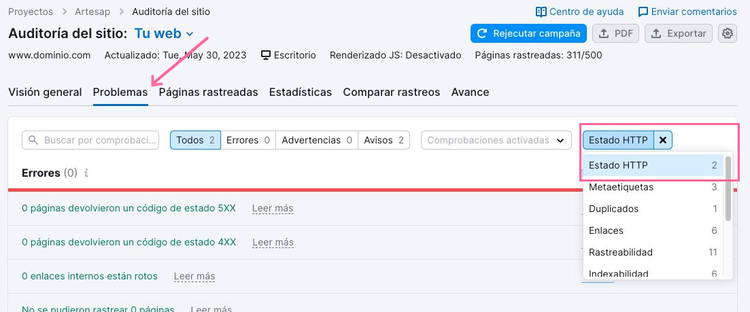 Errores de código de estado en Auditoría del sitio de Semrush
