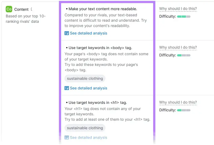 Sección de recomendaciones "Contenido" en el Comprobador SEO On Page