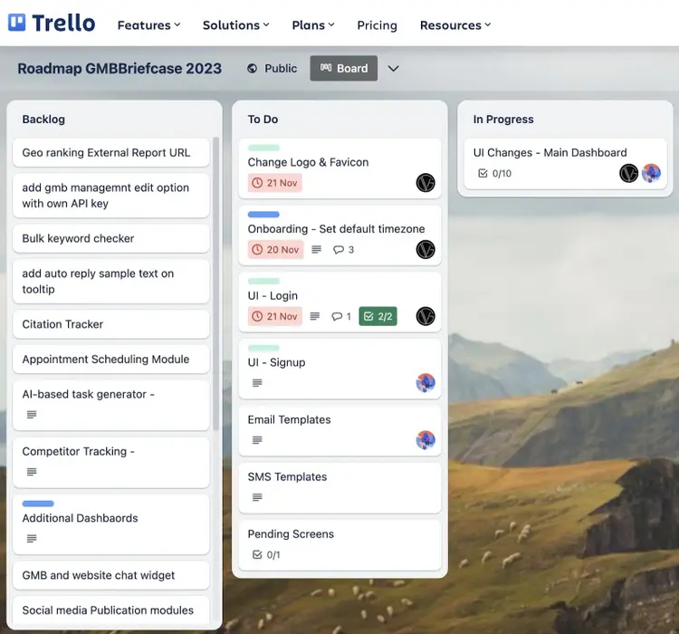 Tablón de Trello para "Hoja de ruta GMBBriefcase 2023"