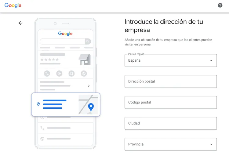 Google Business Setup formulario de dirección con campos de país y postal