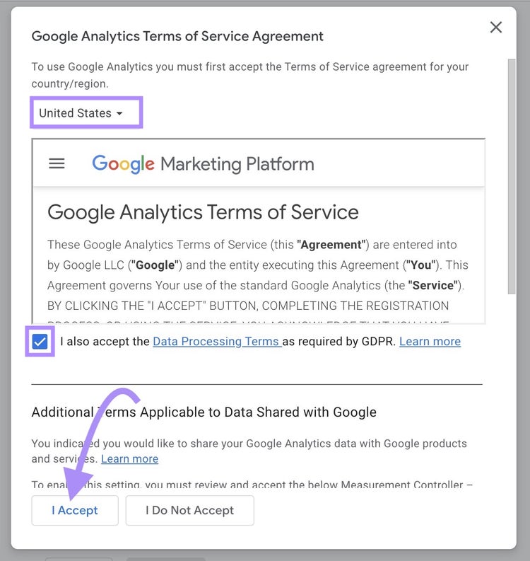 Ventana emergente de las condiciones del servicio de Google Analytics