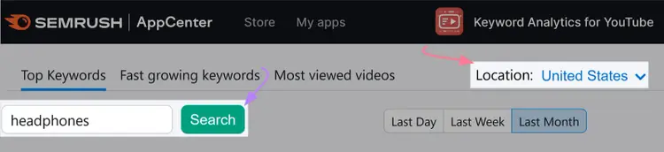 AppCenter Semrush Keyword Analytics YouTube país ubicación selección