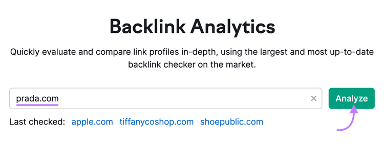 "prada.com" introducido en la barra de búsqueda de Backlinks