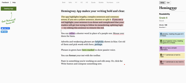 Hemingway app example