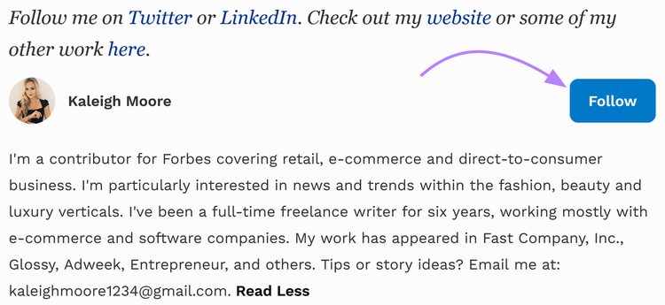 ejemplo de entrada de blog con botón de seguimiento de LinkedIn incrustado