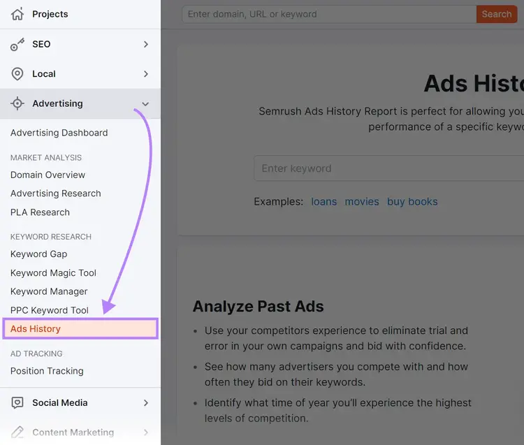 Navegando hasta "Historial de anuncios" en la barra lateral de Semrush