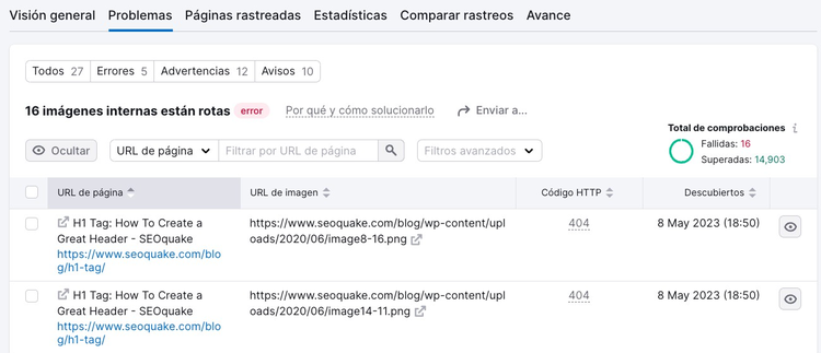 Listado detallado de imágenes internas rotas con URLs y códigos HTTP