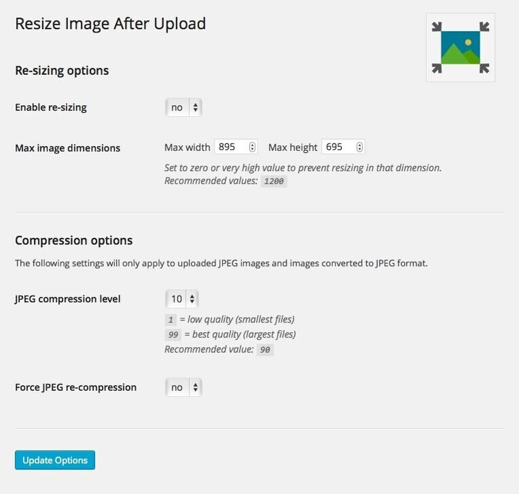 Opciones de redimensionamiento de imagen WordPress con valores máximos
