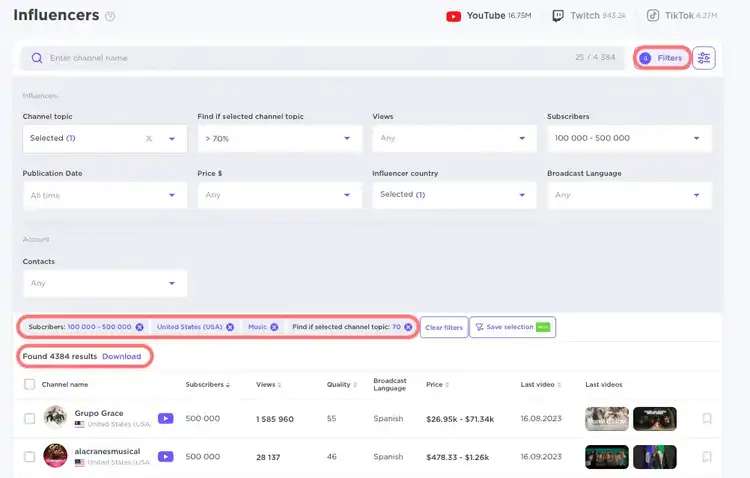 Panel de filtros de Semrush Influencer Analytics para búsqueda