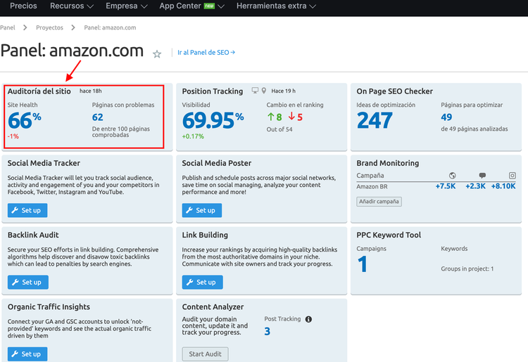 Panel SEO de Semrush para amazon.com con auditoría y herramientas