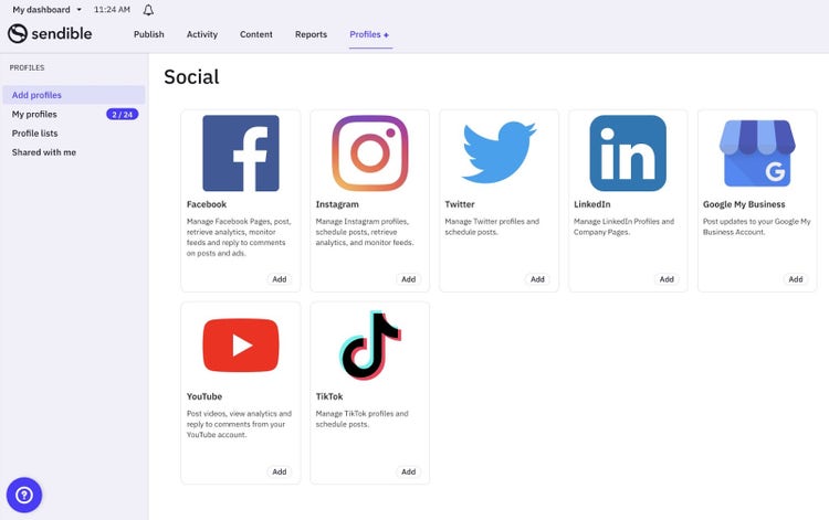 Interfaz de Sendible que muestra iconos de redes sociales: Facebook, Instagram, Twitter, LinkedIn, Google My Business, YouTube y TikTok.