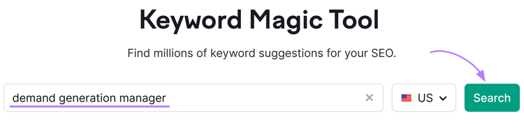 "gestor de generación de demanda" en la barra de búsqueda de Keyword Magic Tool