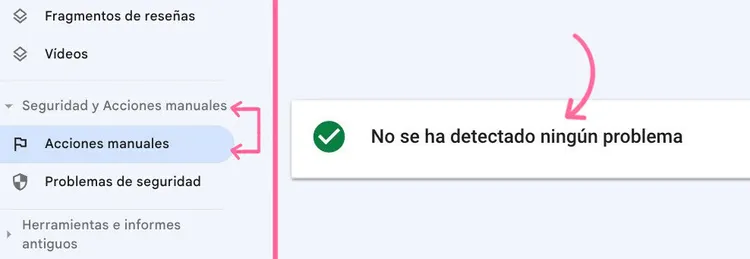 Panel acciones manuales en Search Console mostrando sin problemas detectados