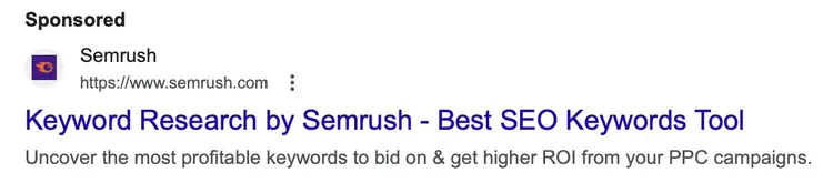 Anuncio de Semrush en la página de búsqueda de Google