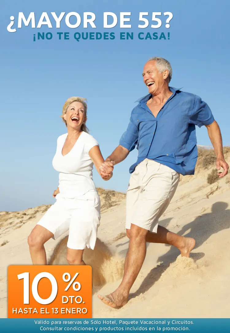Travel promotion image showing older couple running on beach with 10% discount offer until January 13