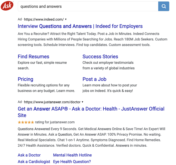 Ask.com: búsqueda con resultados de respuestas a preguntas frecuentes