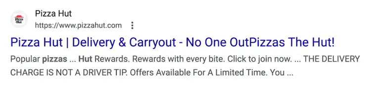 Un resultado de búsqueda orgánica de Pizza Hut en la SERP de Google