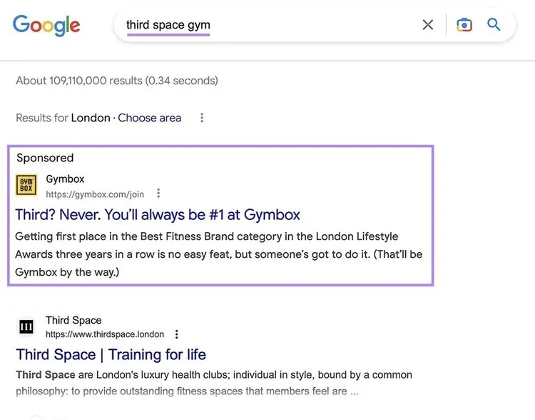 La SERP de Google para la búsqueda "tercer espacio gimnasio" muestra el anuncio PPC de Gymbox como primer resultado