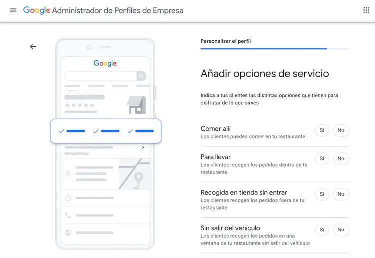 Google Business opciones de servicio como comer allí y para llevar