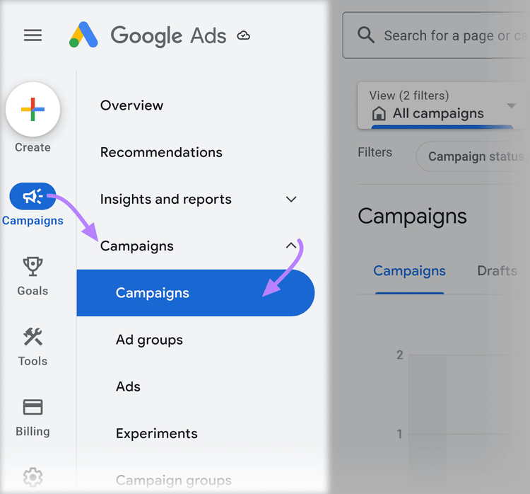 "Campañas" en la cuenta de Google Ads
