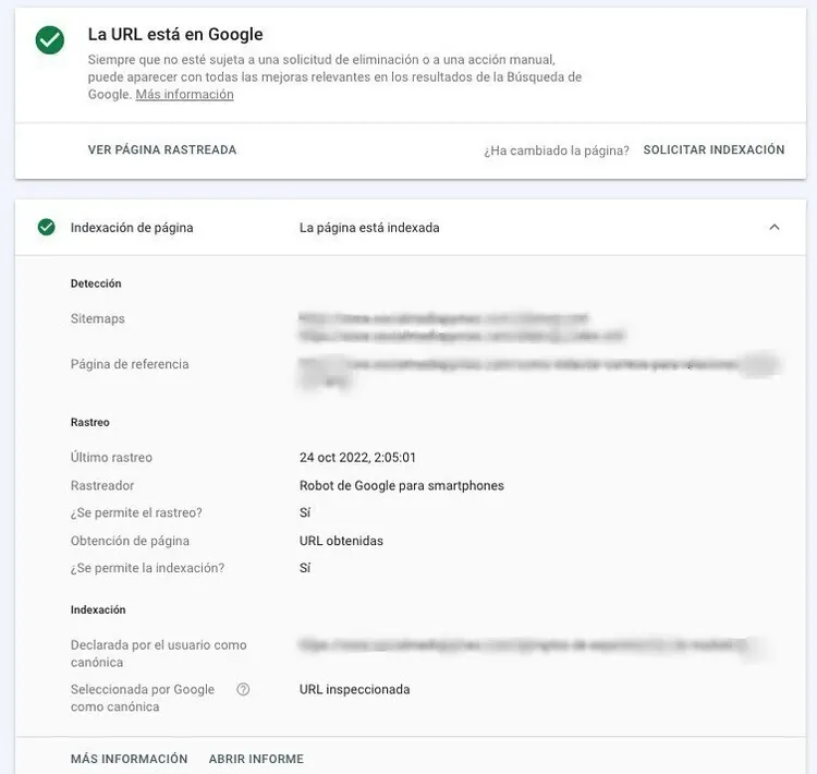 Google Search Console URL indexada confirmando estado con detalles rastro e indexación