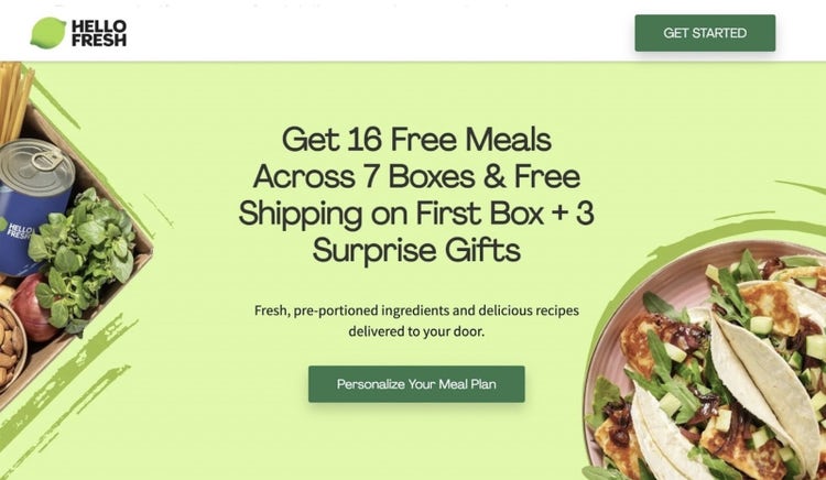 Tacos y cajas de plan de comidas junto con una oferta de plan de comidas personalizado.