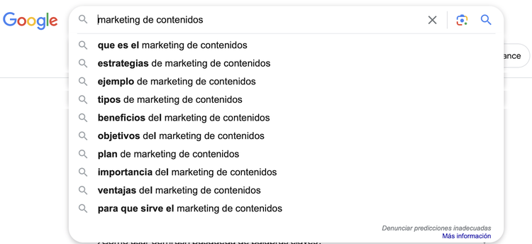 Ejemplo de la funcionalidad Autocompletar de Google