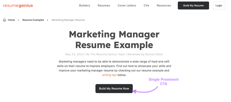 Resume Genius's "Construir mi currículum ahora" CTA