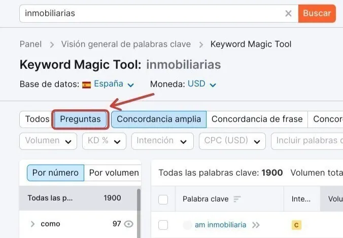 Keyword Magic Tool: pestaña Preguntas, 1,900 palabras clave