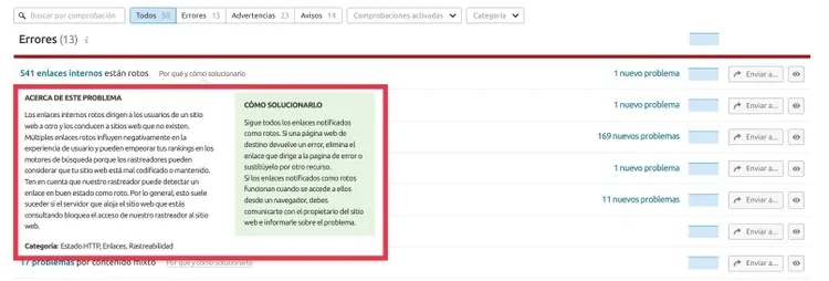 Panel errores auditoría sitio con problemas enlaces internos rotos