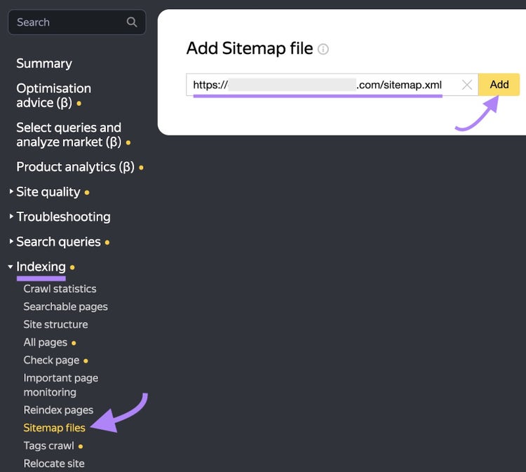 Navegación a "Agregar archivo de mapa del sitio" en Yandex con la URL del mapa del sitio ingresada y haciendo clic en "Agregar"