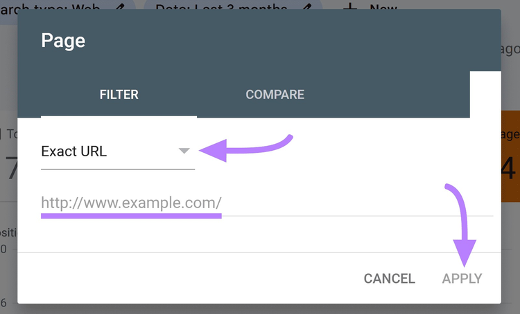 "URL exacta" seleccionada en el desplegable y botón "Aplicar" resaltado
