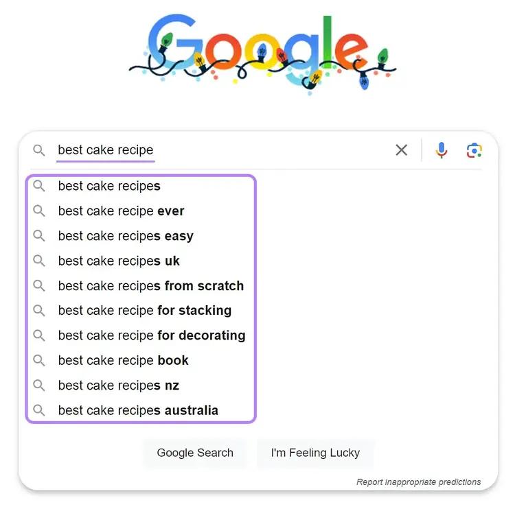 Sugerencias de autocompletar de Google al escribir "mejor receta de tarta.." en la búsqueda