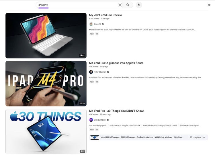 Resultado de Youtube para el término "iPad Pro".