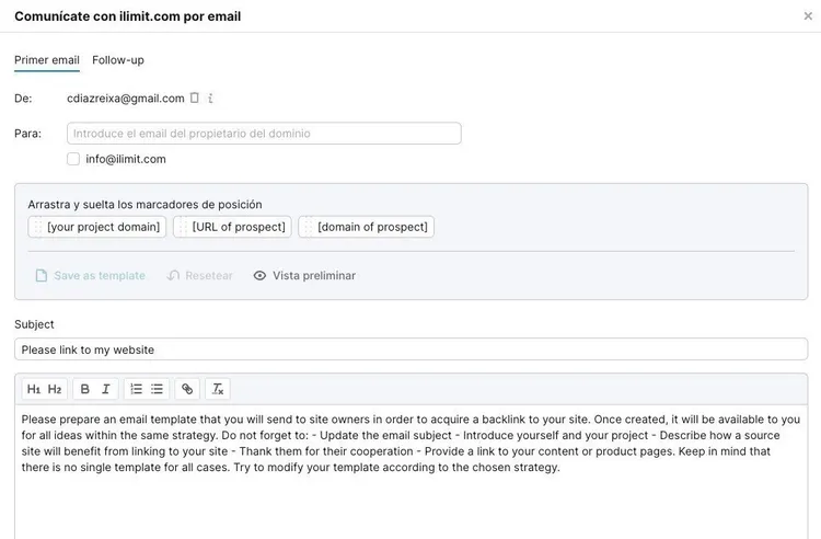 Plantilla email contactar para backlinks: From, To, Subject, mensaje personalizable