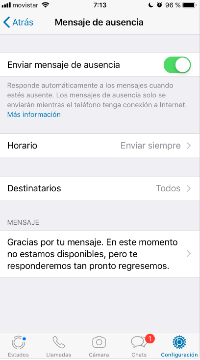 Configuración mensaje de ausencia en WhatsApp Business